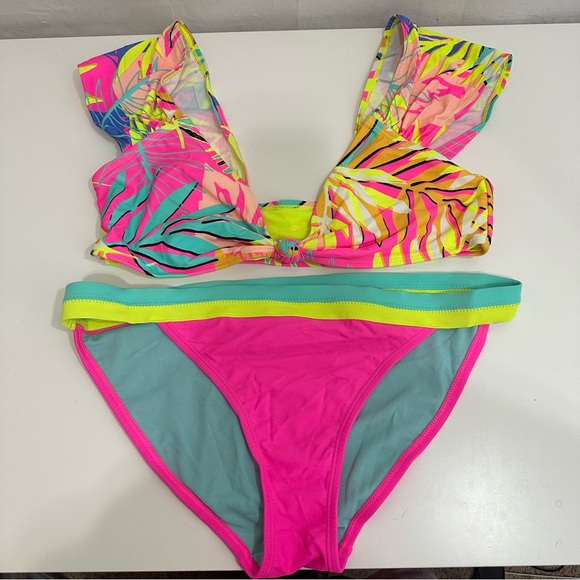 No Boundaries Womens Neon Tropical Palm Print Bikini Size L (11-13) - Picture 2 of 15